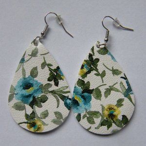 Blue Floral Teardrop Earrings Faux Leather